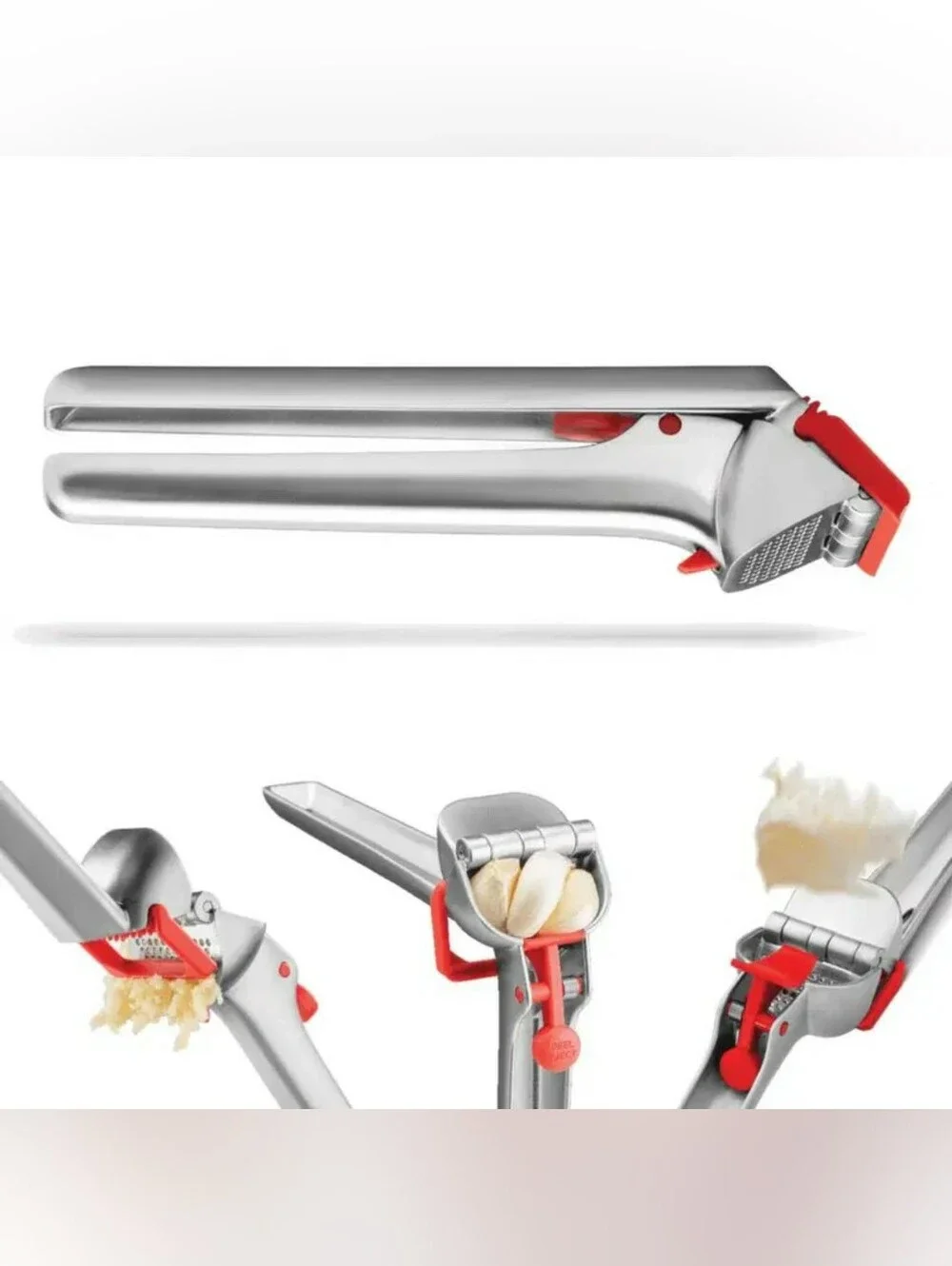 Dreamfarm Silver Garlic Press with Red Accents
